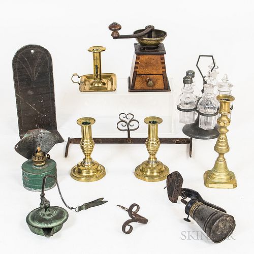 Small Group of Metal and Glass Decorative Items, a grinder, cruet set, and assorted lighting devices.