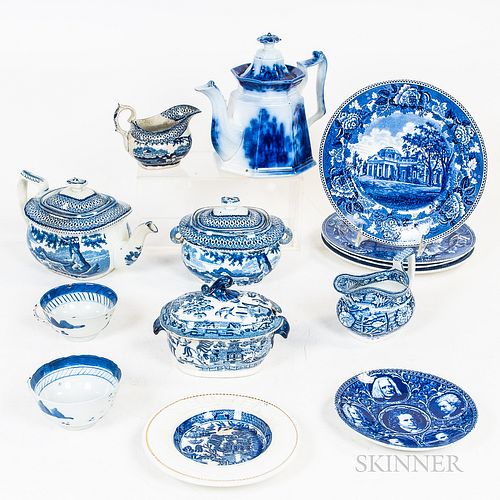 Twelve Pieces of Mostly Staffordshire Blue and White Transfer-decorated Tableware.