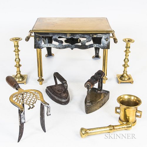 Group of Mostly Brass Items, including a footman, a copper pot and kettle, and a pair of candlesticks, ht. to 12 1/2 in.
