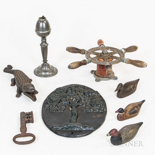 Small Group of Decorative Wood and Metal Items, including three miniature carved decoys, a cast iron alligator container, a tree-form f