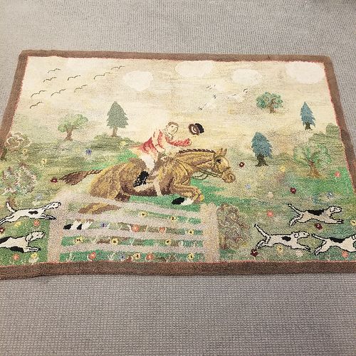 Large Hooked Rug of a Hunt Scene with Horse and Rider, 60 x 84 in.