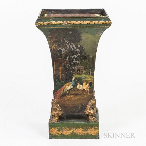 Tole Urn Decorated with a Genre Scene, ht. 12, wd. 7 1/4, dp. 7 1/4 in.