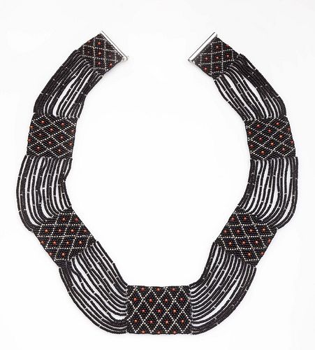 Wiener Werkstatte Black Beaded Flatweave Necklace with Coral
