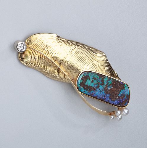 Susan Helmich Gold Brooch with Opal Diamond & Pearls