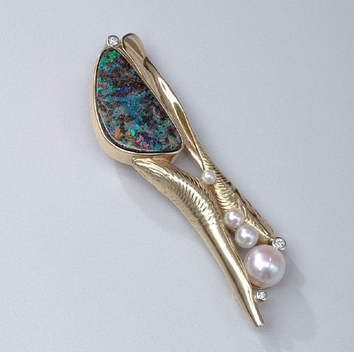 Susan Helmich  Gold Brooch with Opal Diamond & Pearls