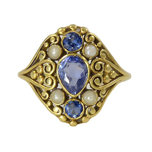 Frank G. Hale 18Kt gold ring with Montana Sapphires and Pearls