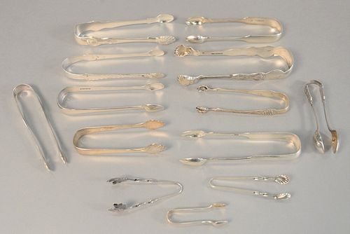 Large group of silver tongs, American and English, one marked for Peter and Ann Bateman, 15.4 t.oz.