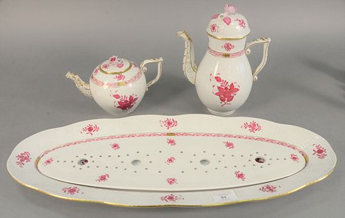 Group of three Herend Chinese Bouquet Raspberry tableware, including a large serving platter, one demi pot, and one teapot, 10-1/2" high (coffee pot).
