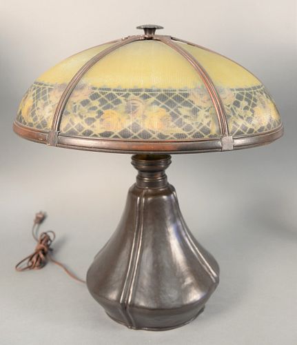 Victorian panel shade lamp having six panel dome top with brass and floral detailing on bronze base, ht. 22", dia.18".