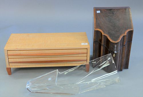 Three piece lot to include Georgian mahogany inlaid knife box, maple and cherry custom jewelry box with two drawers, 7 1/2" x 20" x 9"; 14 1/2" x 9" x