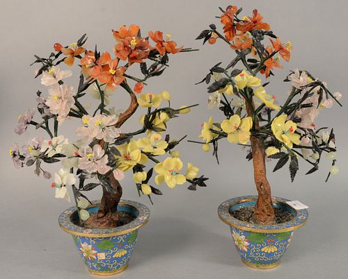 Pair of jade and hardstone trees in cloisonne planters, ht. 17".