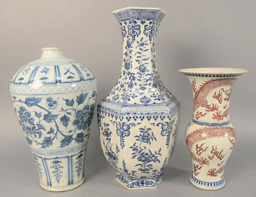 Three Chinese porcelain vases, large blue and white with six sides having scrolling vines and flowers, mei ping blue and white vase, and a blue with u