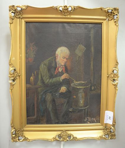 American School (19th C.), Readying the Medicine, oil on canvas, signed indistinctly lower right, 11 3/4" x 8 3/4". Provenance: Mrs. Herm Goldberg; Th