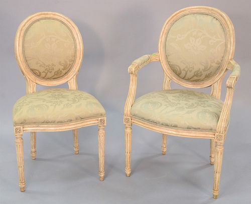 Set of six Baker Louis XVI-style chairs, 2 arm and 4 sides with green upholstery, ht. 34", wd. 29", dp. 19".