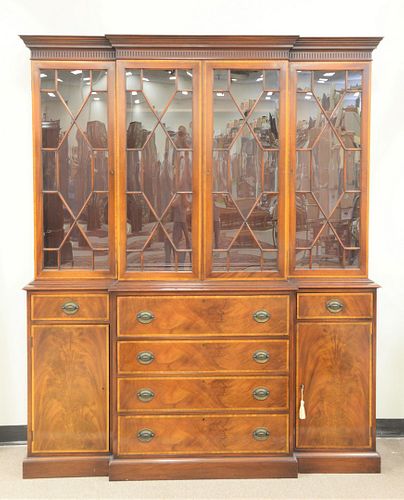 Beacon Hill mahogany breakfront, banded and line inlaid with drop-front desk drawer, 91" x 65" x 14".