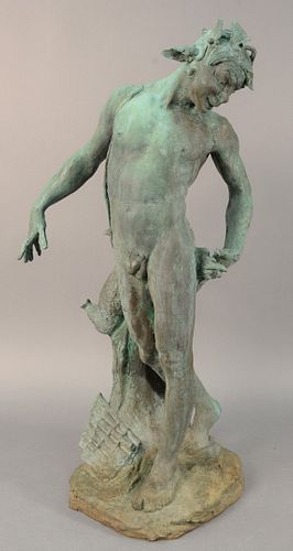 Bronze, green patina of a Satyr, signed 'CBN' on the base, stamped by the foundry, 'Roman Bronze Works', ht. 31".