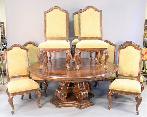 Large burlwood 21st C. round table with nine matching french style chairs with green upholstery, table ht. 31", dia. 72", chairs, 31" x 22" x 21".Prov