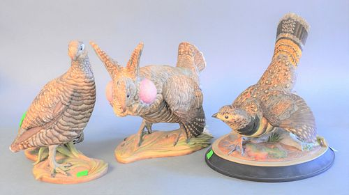 Three Boehm porcelain birds, two titled, Lesser Prairie Chickens, two stamped to the underside, one signed on the base, hts.11-1/2" to 10-1/2".