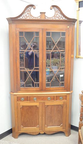 E. Liberti mahogany inlaid corner cabinet, broken arch top over two glass doors, 87" x 44" x 27"