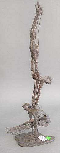 Iron Mid-century sculpture of gymnastics, unsigned, 23" x 8" x 4 1/4".