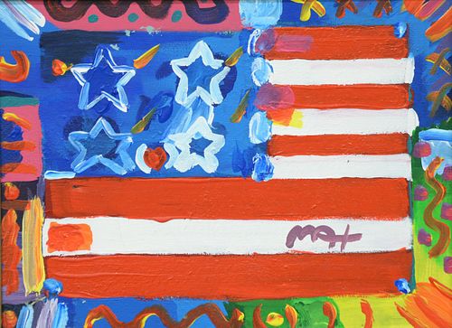 Peter Max (American, b.1937) American Flag with Heart, 2002, acrylic on canvas, signed lower right, studio stamp '2002.79' on the reverse, 11" x 15".