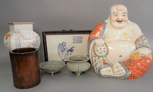 Six piece Chinese porcelain group, large Buddha, celadon crackle glaze footed bowl and dish, Famille Rose square vase, blue and white porcelain framed