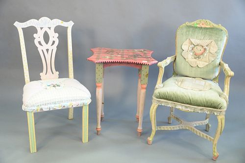 Two pink and green painted chairs accompanies by a pink Stonehouse Farm Goods painted monkey table, chairs are unmarked, table 30" x 23" x 19", chair 