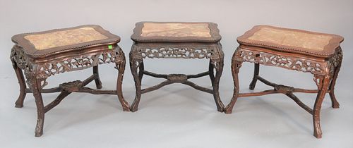 Three Chinese low tables, carved apron with marble insert tops, ht. 19", top 21 1/2" x 16 1/2".