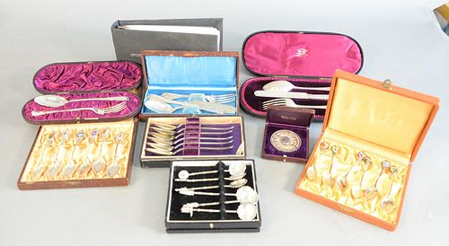 Silver lot to include three piece Audubon pattern set, six coin spoons, two sets German silver spoons, etc. all in fitted boxes and Society of Amateur