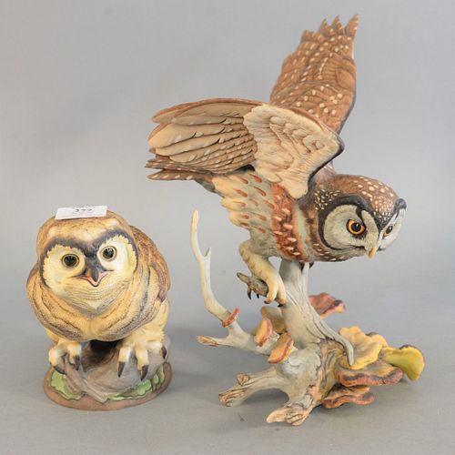 Two Boehm porcelain owls, titles include "Fledgling Great Horned Owl" and "Boreal Owl", both stamped to the underside, tallest ht. 13".