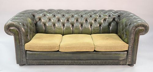Two piece lot of Chesterfield style green tufted leather sofa and armchair, green upholstered cushions, 28 1/2" x 81" x 33 1/2".