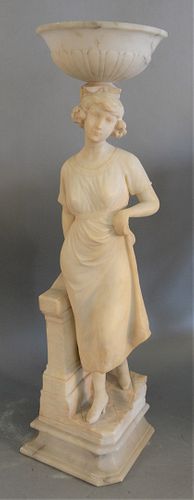 Marble figural sculpture, standing woman having column with a bowl resting on top, repaired, ht. 27 3/4", wd. 7", dp. 7".