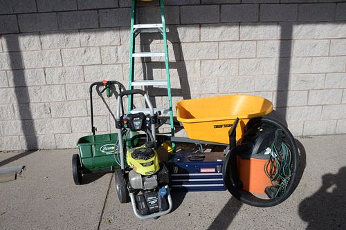 Group lot to include a power sprayer, shop vac, spreader, wheel barrel, tool box, and ladder.