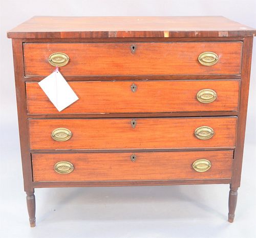 Sheraton mahogany chest, four drawers on turned legs, c. 1870, crack in top, ht. 37 1/2" wd. 41" dp. 21". Provenance: The Vincent Family Collection, F