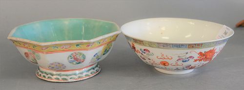 Two Chinese porcelain Famille Rose bowls, one octagon with painted circles, on round footed base, bottom bearing black mark, along with phoenix bird b