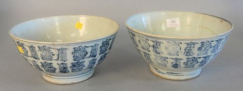 Two early Korean bowls, each glazed with blue and white character design, old remnants of sticker label to the underside, dia.10 1/4".