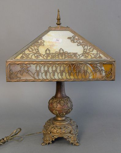 Victorian slag glass table lamp, four panels and brass details, ht. 26".