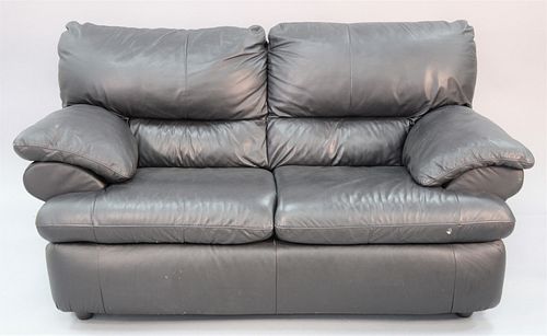 Black leather two-cushion loveseat, ht. 37", wd. 66", dp. 36".