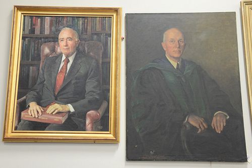 Two piece lot to include American School (20th Century), portrait of Saul B. Gusberg (1919-2005), 1990, oil on canvas, signed indistinctly and dated l