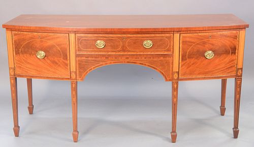 Baker Williamsburg Federal style mahogany sideboard, panel and bellflower inlays with compass star inlays on sides with center drawer flanked by doors