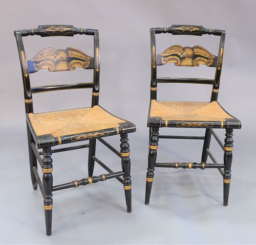 Set of six Hitchcock chairs, stenciled eagle and rush seats, 34" x 17 1/2" x 15".
