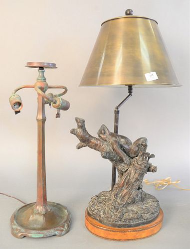 Two bronze table lamps, one unmarked, one marked Maitland-Smith to the underside with reclining frog on wooden base, 30" x 12" (frog), ht. 21".