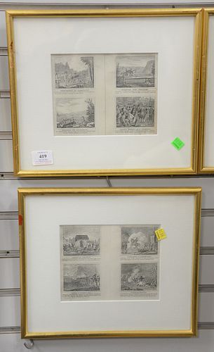 Set of six Wellington engravings, four panels in each engraving, Indian mottos, Davenport, Hooker, Settlement of Jamestown, Landing at Plymouth, Battl