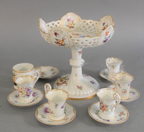Meissen and Dresden lot to include Meissen cups, five Dresden cups, six saucers and reticulated compote, 8-1/2" high (compote).