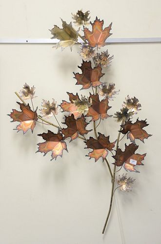 Curtis Jeré (American, 1910-2008) wall sculpture, leaves on a branch, 1991, copper and brass, signed and dated on leaf, 50" wide. Provenance: From the