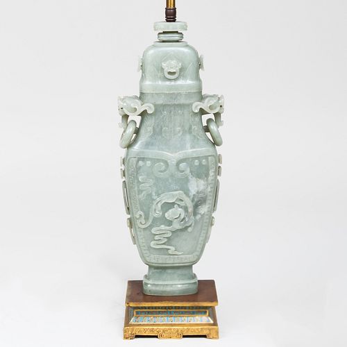 Chinese Hardstone Archaistic Vase and Cover Mounted as a Lamp
