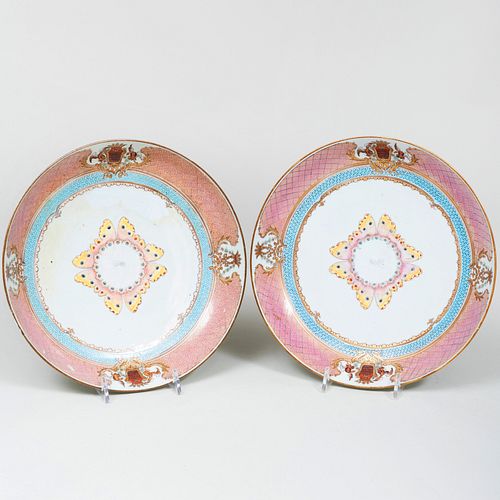 Pair of Chinese Export Porcelain Saucer Dishes Decorated with the Arms of Grimaldi