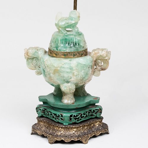 Chinese Fluorite Censer and Cover Mounted as a Lamp
