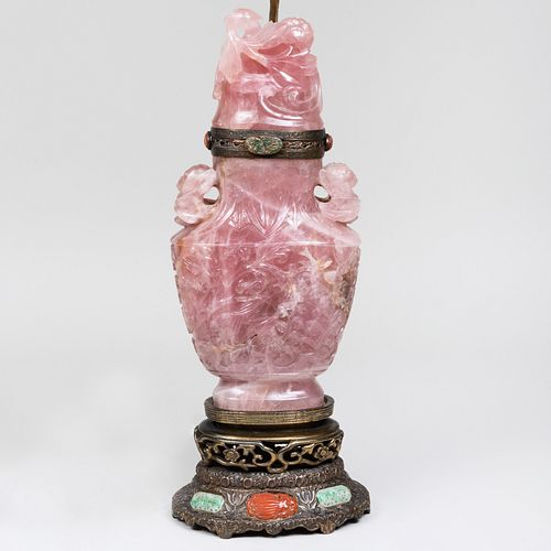 Chinese Rose Quartz Vase and Cover Mounted as a Lamp