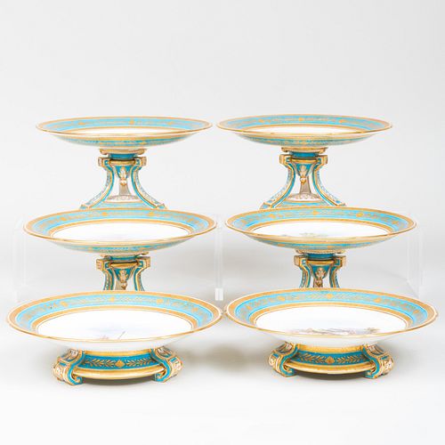 Set of Six Mintons Turquoise Ground Porcelain Compotes